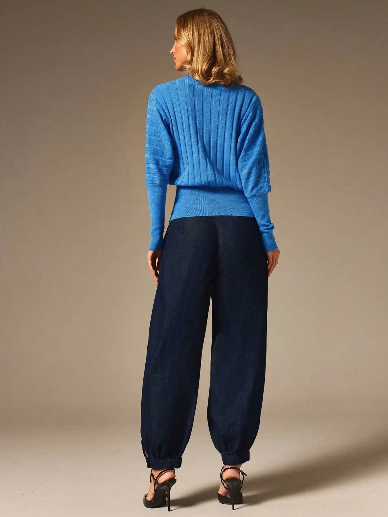 COSMINA Women's Elegant French Smart Ribbed Texture Cornflower Blue Knit Sweater Work Fall