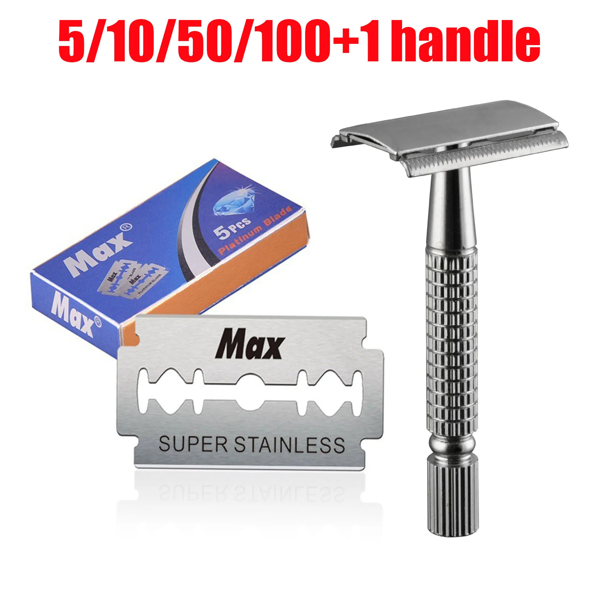 1 Pcs Shaving Razor + 5/10/50/100 Pcs Manual Shaver for Men Barbershop Razor Stainless Steel Shank Is Easy To Use Safety Razor