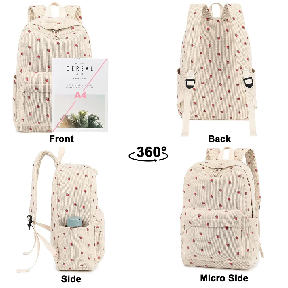 New Teenage Backpack Personalized Name Primary and High School Corduroy Strawberry Girl's Computer Backpack Female Travel Bags