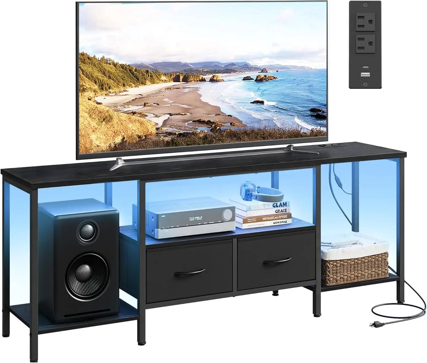 

SONGMICS BELLAH Collection - TV Stand with Power Outlets and Lights, Entertainment Center Media Console for TVs Up to 70