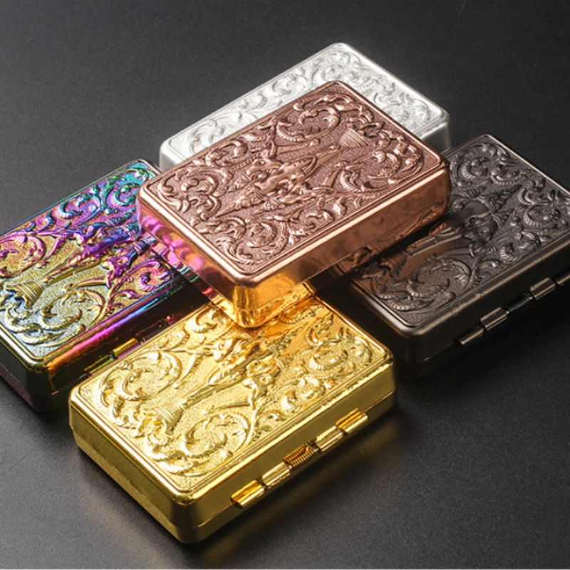 

Metal 14 Capacity Cigarette Case Luxury Carved Sturdy Protective Travel Men Classic Collection Decor