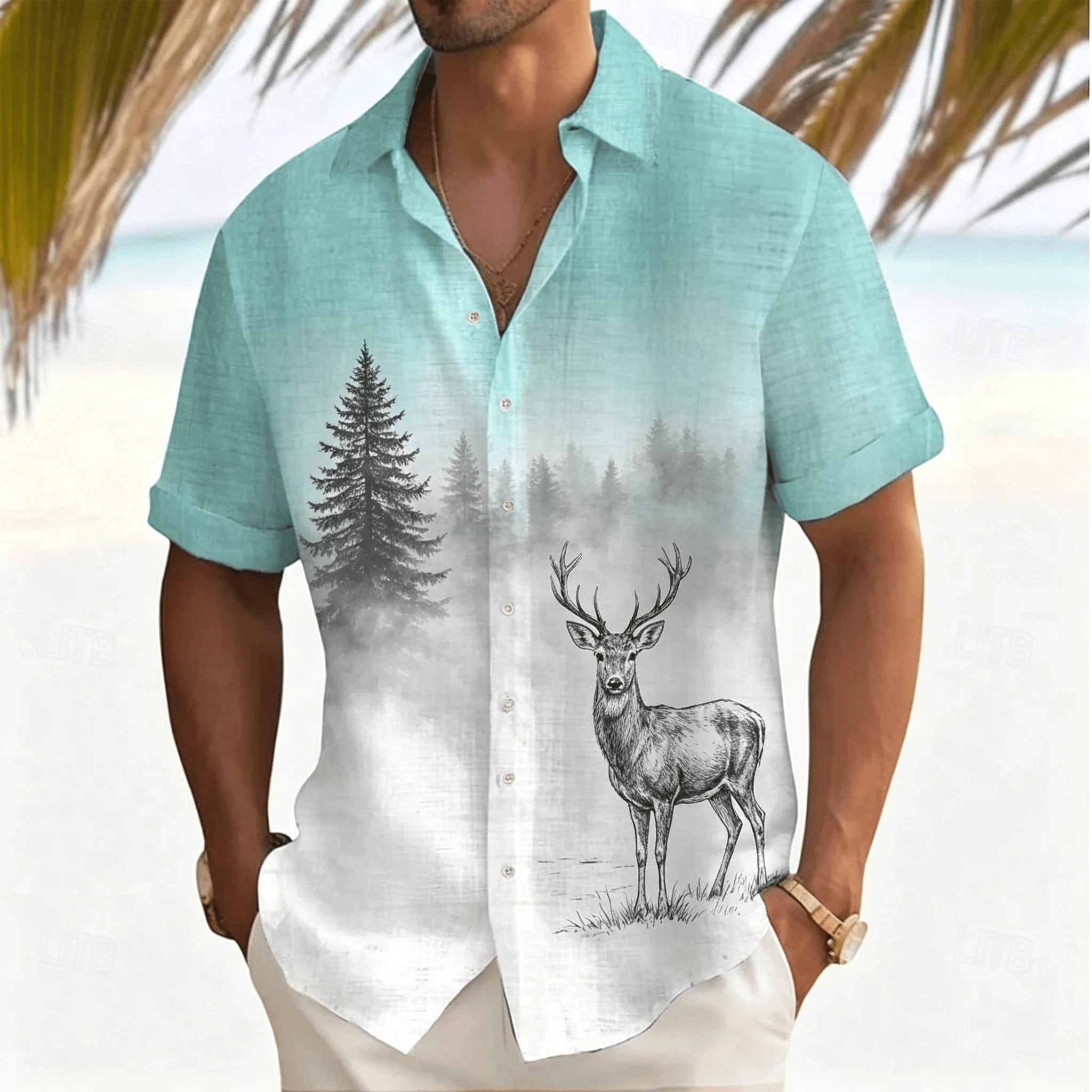 

Men's Deer in Misty Forest Print Short Sleeve Shirt, Nature Wildlife Style for Summer