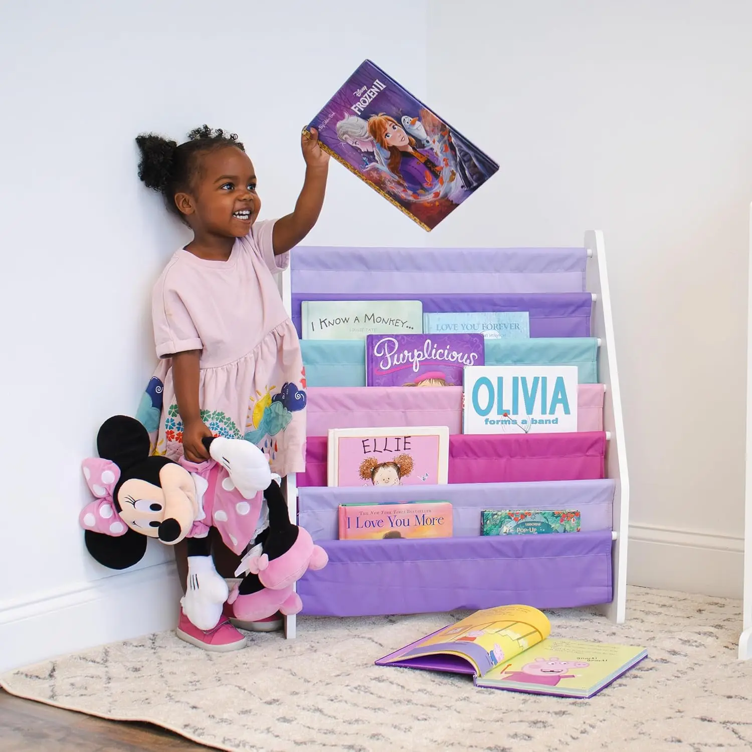 منظم رف كتب للأطفال مكون من 6 طبقات مع جيوب قماشية، شاشة أمامية لكتب الأطفال باللون الأبيض/الوردي/الأرجواني/أكوا #2