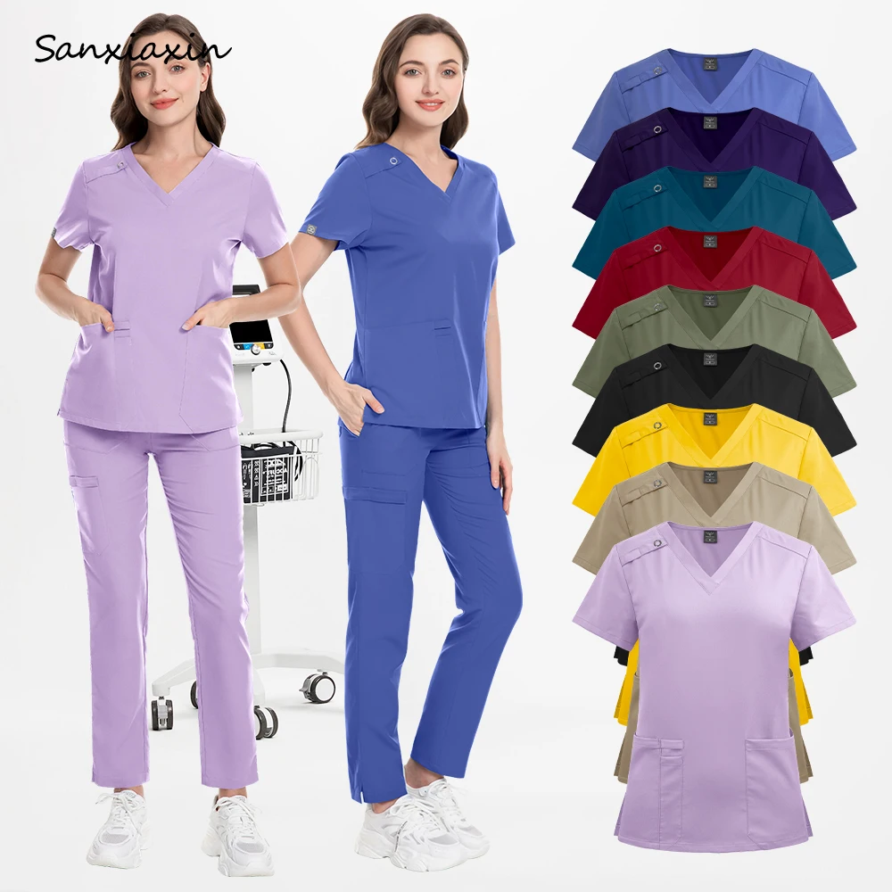 

Multicolour Pharmacist Suit Doctor Nursing Uniforms Short Sleeve V-neck Tops Pocket Pants Nurse Scrubs Set Dental Clinic Clothes