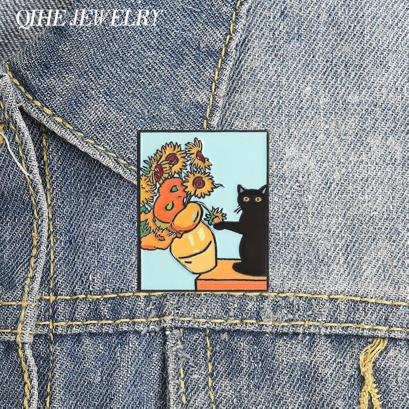 Van Gogh Sonnenblumen Schwarze Katze, die die Vase umstößt, Emaille-Anstecknadel, Retro-Ölgemälde-Kunst-Brosche, Kleidungs-Abzeichen, Schmuckgeschenk für Freunde
