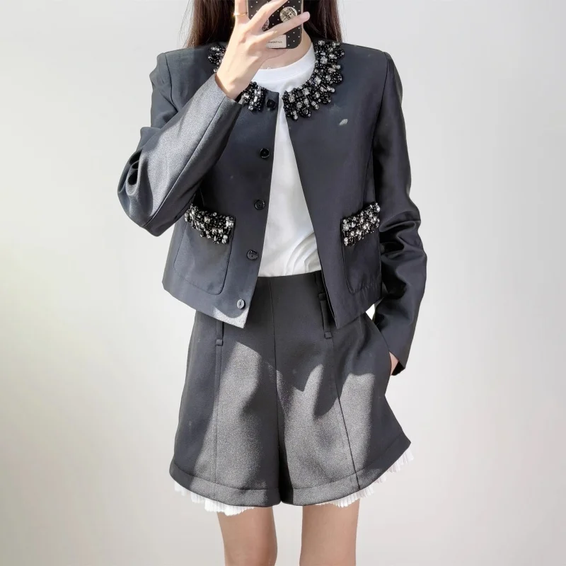 Manteau court épais à col rond pour femme, clouté de diamants, y2k, haute qualité, mode, veste droite de rue, nouvelle collection automne 2025