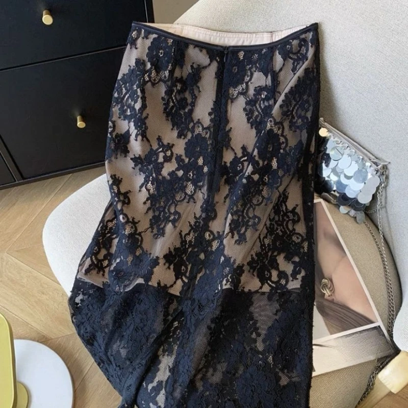 

2024, весна-лето, женская дизайнерская элегантная черная кружевная юбка-карандаш, женская одежда, модные лоскутные юбки со средней икры с планкой