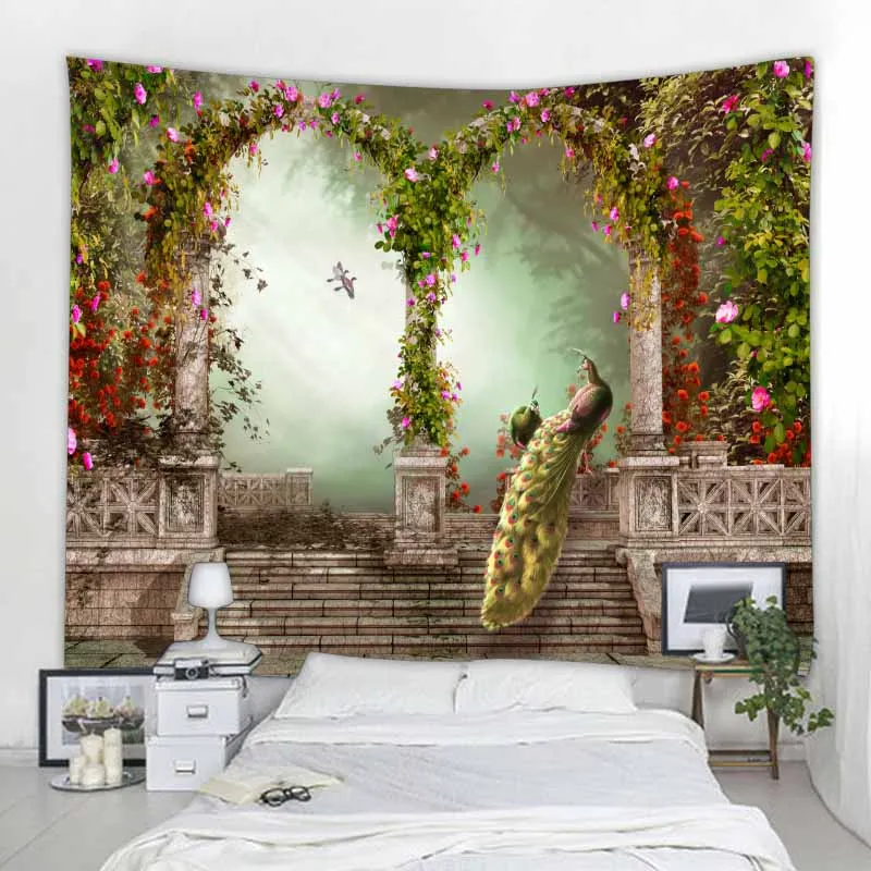 Flower Plant Stone Wall Background Tapestry Wall Hanging Rustic Vintage Art Home Decor Boho Hippie Wall Decor Background Fabric