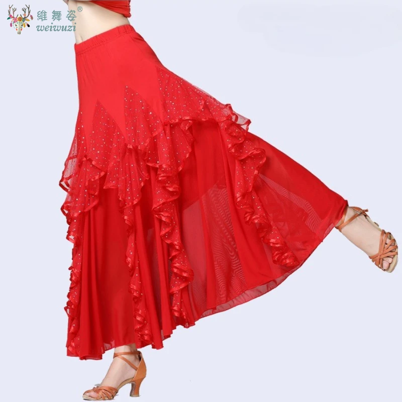 Falda de baile moderna de Flamenco, falda grande con lentejuelas, falda de baile de salón, falda de baile Social, vestido largo de práctica de baile de competición