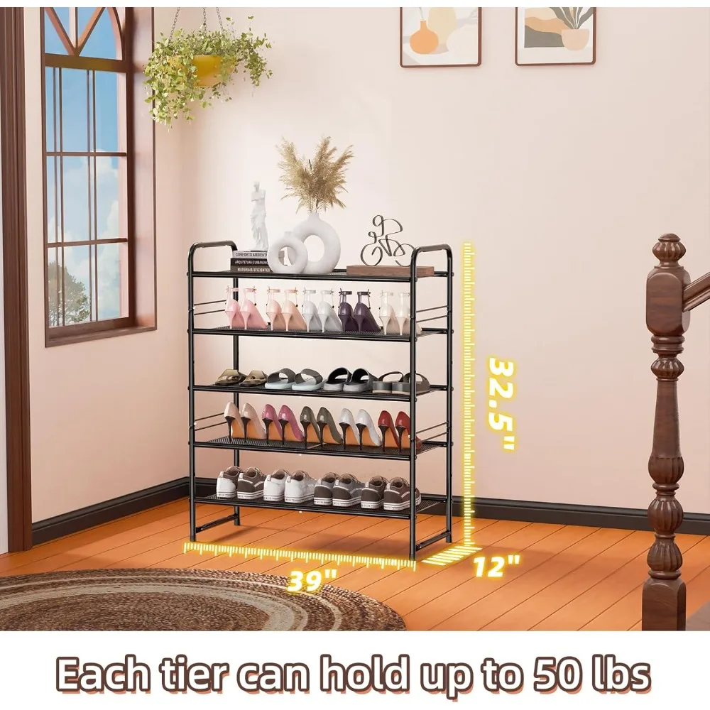 رف أحذية مكون من 5 طبقات، مساحة تخزين واسعة مقاس 33 بوصة لـ 24-30 زوجًا، منظم شبكي فولاذي لخزانة المدخل، أسود صناعي #3