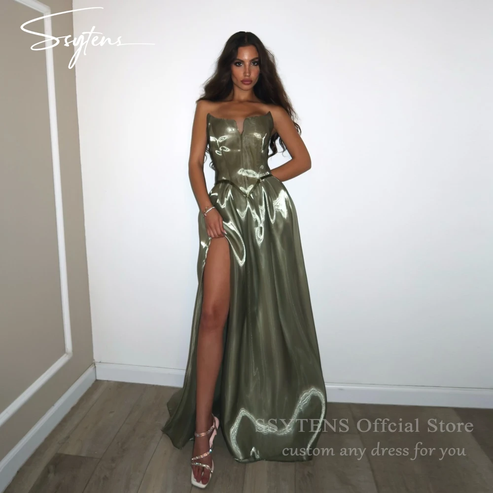 

SSYTENS Shiny Olive Green Evening Gowns For Special Occasion Satin Wedding Party Dresses Sexy Split Celebrity Dresses Customized