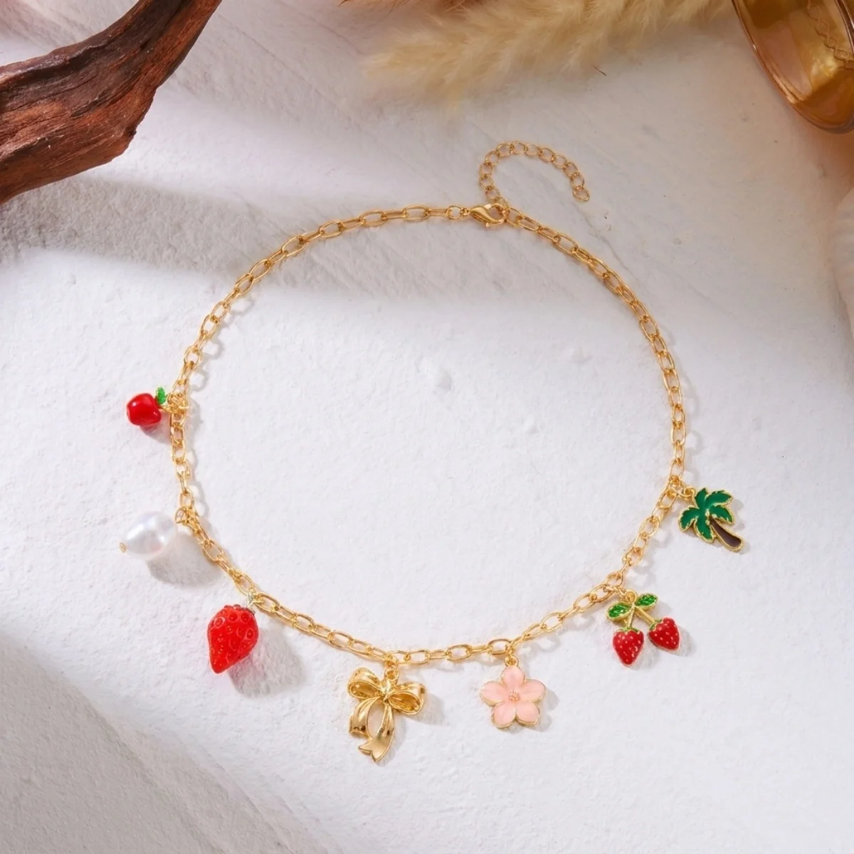 Rote Kirsche Erdbeer-Simulationsperlen-Halskette für Damen und Herren, mehrschichtig, Keramikblume, Schleife, Herz, Baum, Choker, Hochzeitsschmuck – Detail 29