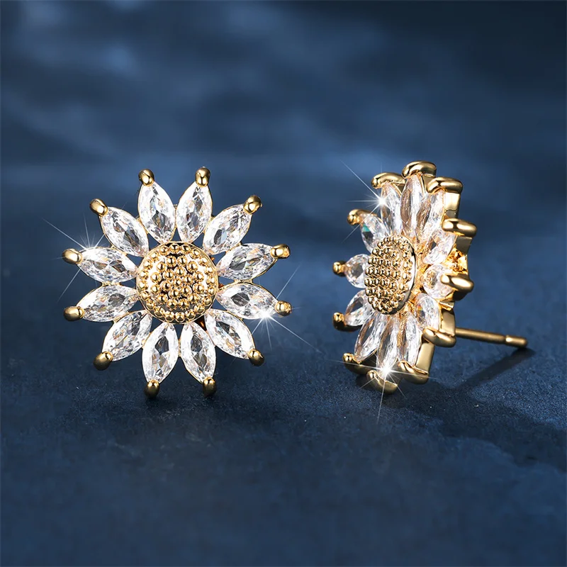 Luxury Female White Crystal Stud Earrings Yellow Gold Color Jewelry For Women Charm Round Sunflower Earrings