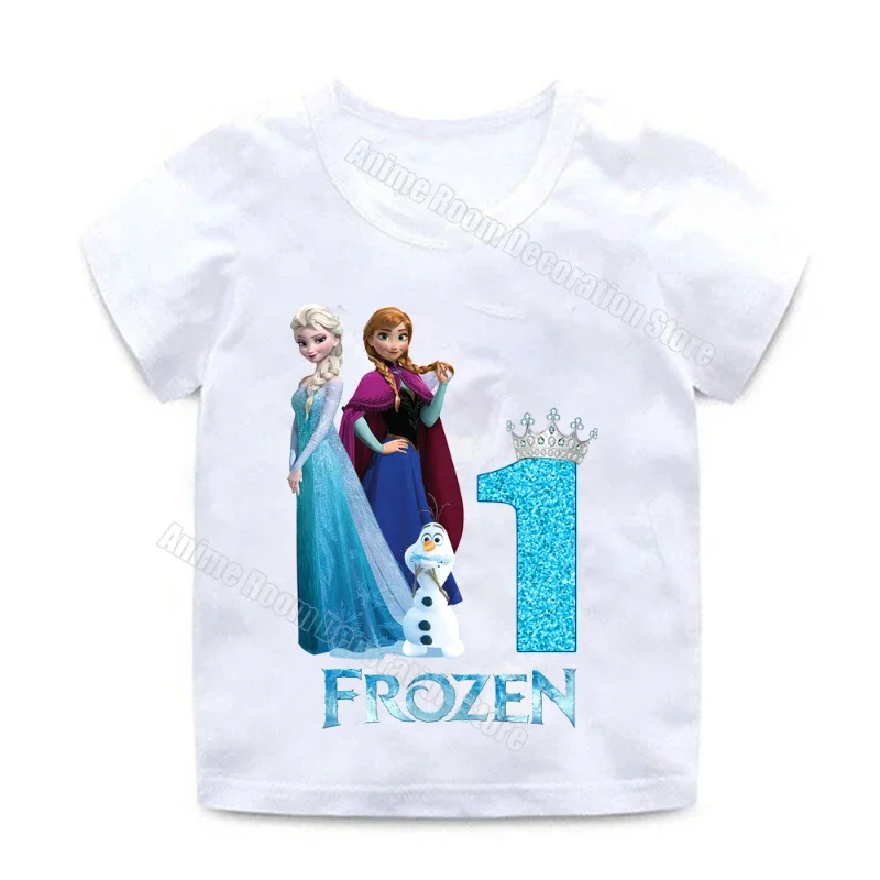 T-shirt Disney Frozen Princess per ragazza Compleanno Numero Tee Anna Elsa Cartoon Top in cotone Baby Shower Bomboniere Abiti estivi Regalo