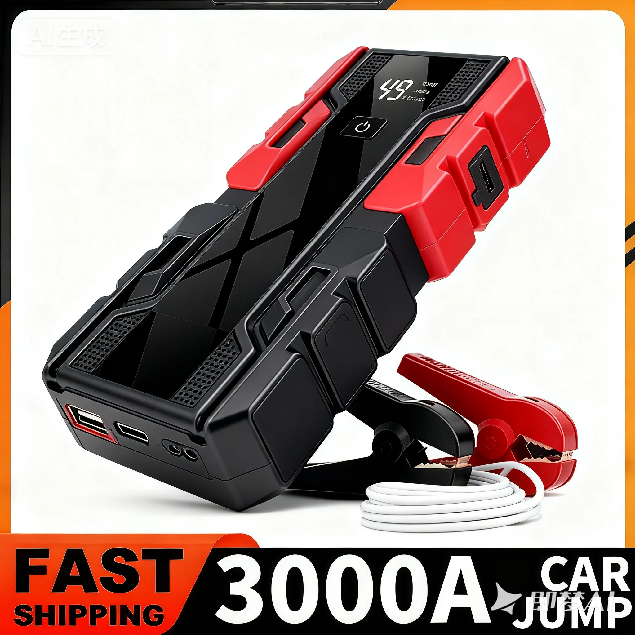 New 3000A High Power Car Jump Starter 99800mAh 12V - Cold Weather Start & Built-in Light, For Gas/Diesel Vehicles