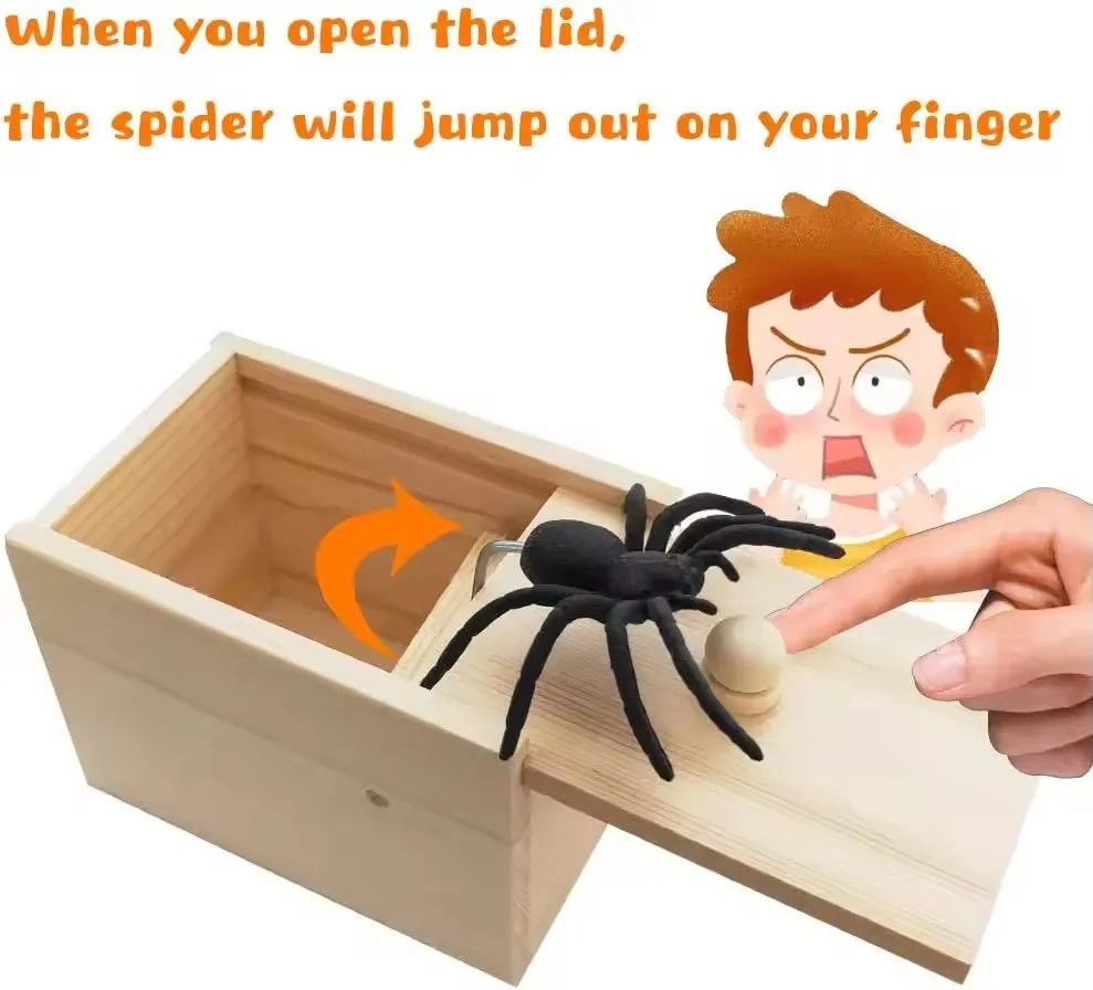 Wooden Spider Prank Box Funny Toy Surprise Spider Scare Box Gag Joke Trick Toys for Adult Kid April Fool Party Props Prank Gifts