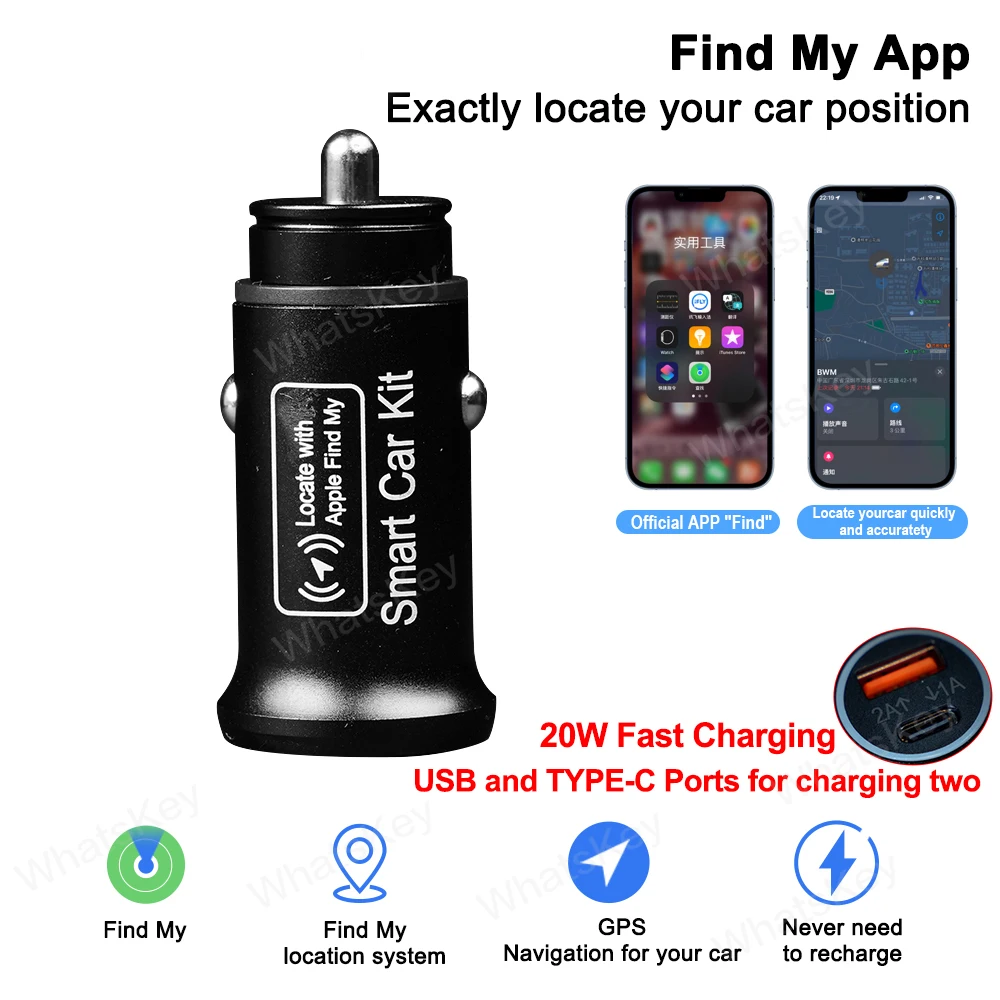 Car Charge GPS Locator Tracker 20W USB Phone Charger Fast Charging Type C QC3.0 With iPhone Find My Apple Official App