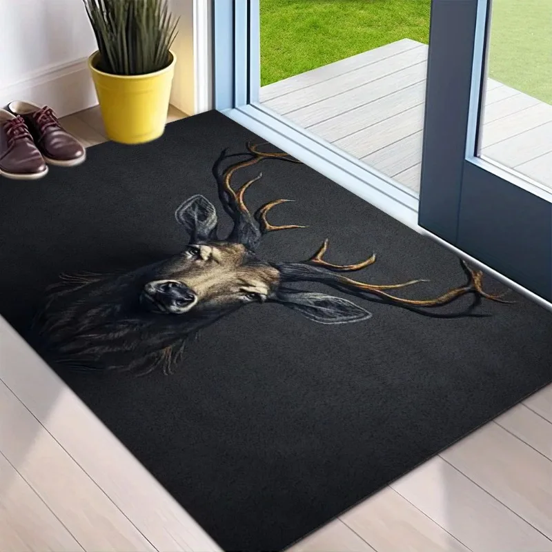 Vintage Deer Head Antler Art Print Flannel Doormat Non Slip Front Entry Floor Mat Wild Animal Rustic Style Entrance Decor Rug