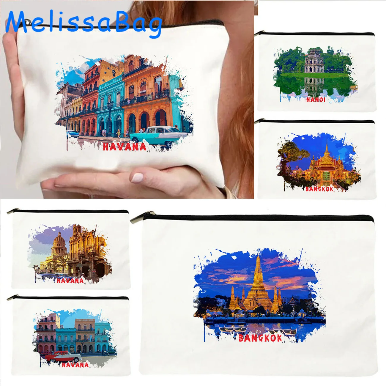 Bangkok Thailand Hanoi Vietnam Havana Cuba Watercolor Ink Painting Canvas Cosmetic Makeup Toilet Bags Pencil Case Zipper Pouch