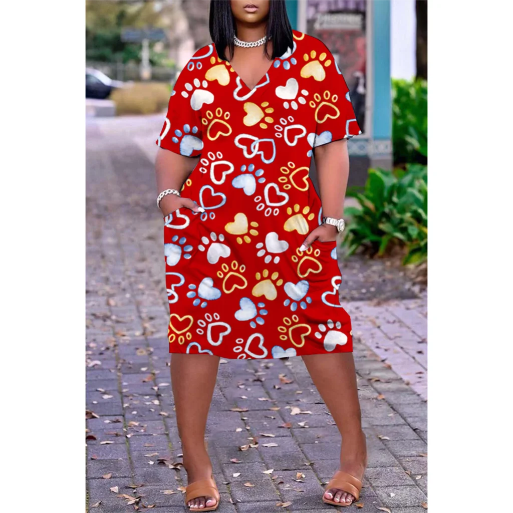 Abito estivo bohémien allentato Stampa 3D Moda Donna Abiti a maniche corte Ragazza al ginocchio Boho con scollo a V Abito da spiaggia allentato da donna