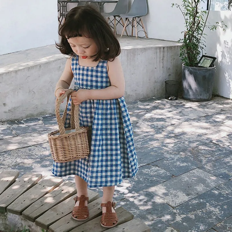 Summer New Girls Sweet Blue Plaid Dress Cotton And Linen Children\'s Cute Bow Tie Sleeveless Halter Suspenders Dresses 3-8Years