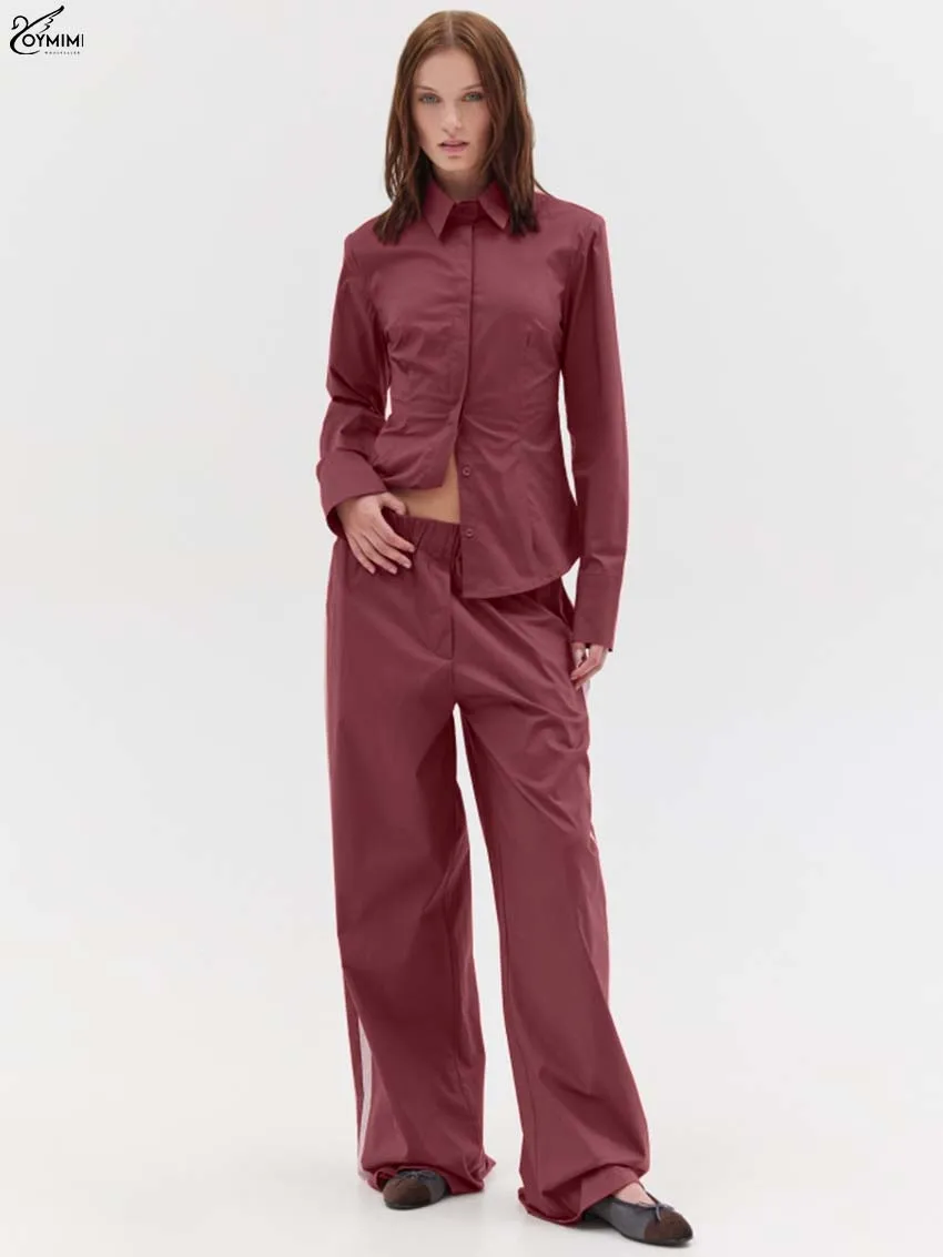 

Oymimi Fashion Red Two Piece Outfits Woman Elegant Turn-Down Collar Long Sleeve Button Shirt And Patchwork Straight Trousers Set