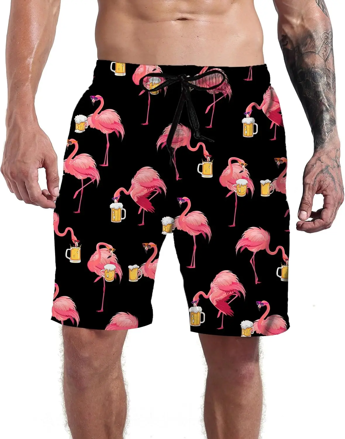 Beers and Flamingo Men's Novelty Swimtrunks Quick Dry 3D Printed Mesh Lining Beach Board Shorts with Pockets S-3XL