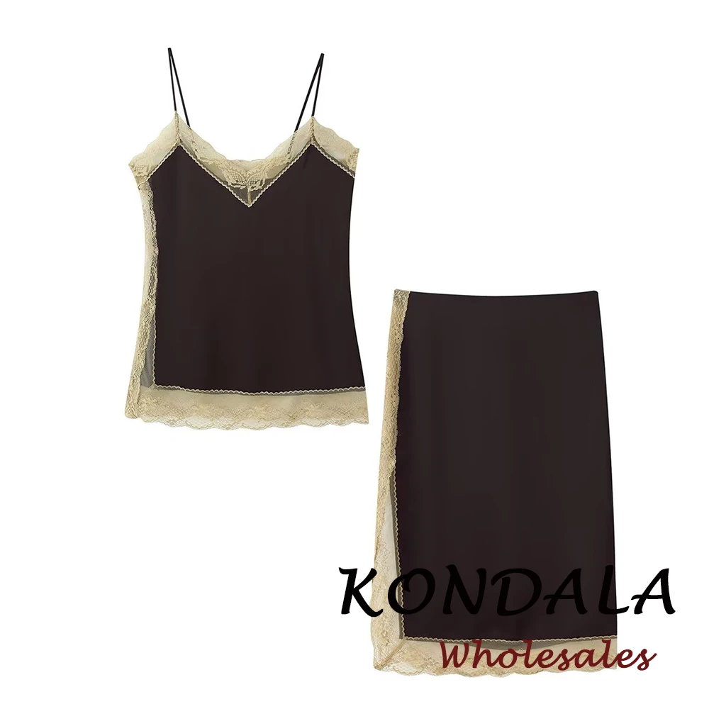 KONDALA Chic Fashion 2026 Brown Sexy Lace Solid Woman Suit V-Neck Backless Cami Vest+Elegant Sheath Midi Skirt Velvet Female Set