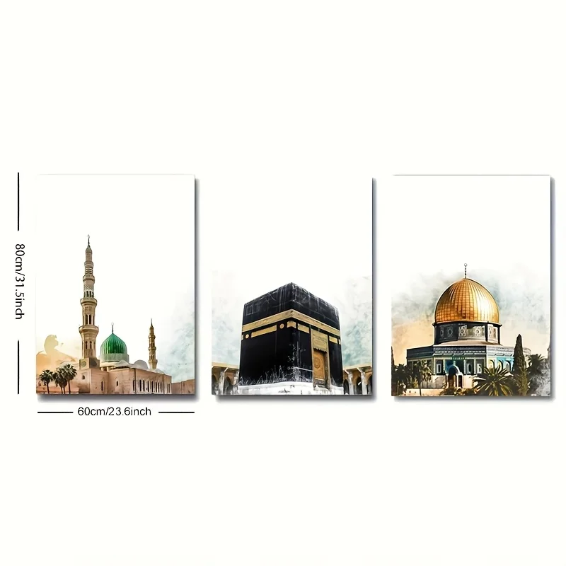 2D Flat, 3pcs Set, Frameless Canvas Art Print - Islamic Wall Decor: Mecca, Al-Masjid Al-Haram, Al-Masjid Al-Munawar - Digital Fi