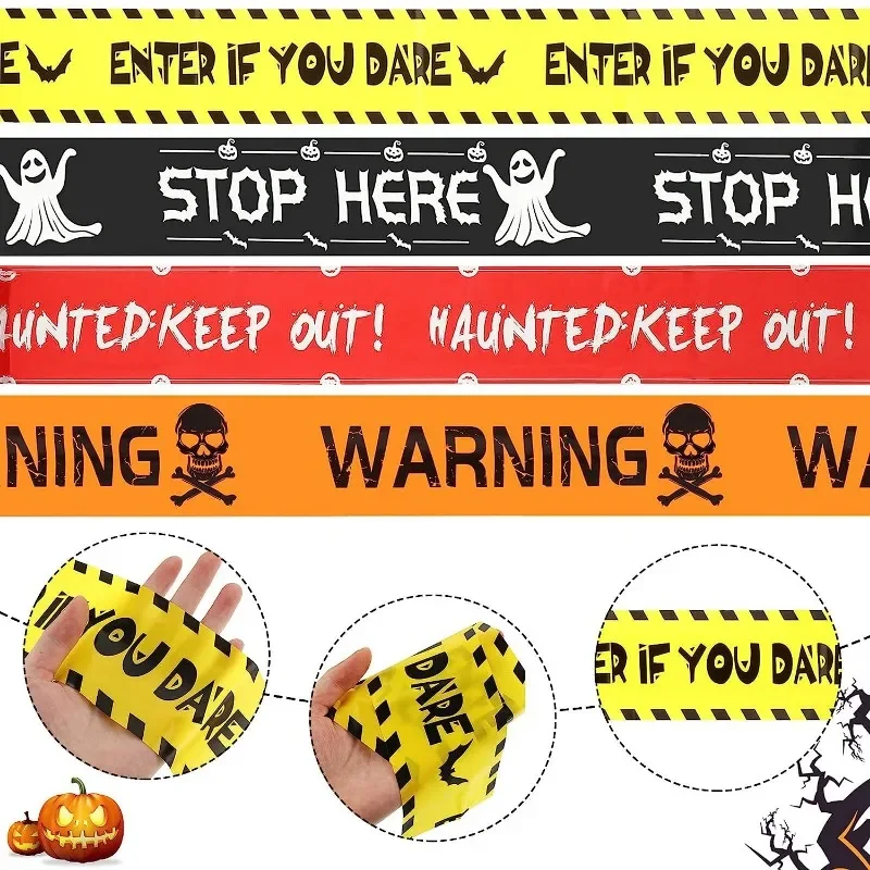 New Halloween Warning Tape Window Prop  Plastic Skull Head Warning Tape Signs Halloween Party Decoration Witch Balloons lot