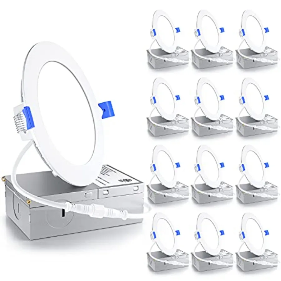 12 Pack LED Recessed Light, Dimmable, 5000K Daylight, 750LM High Brightness, 9W 120V, 2 P, ERL-9X-ETL, Damp Rated, Ultra-Th Can