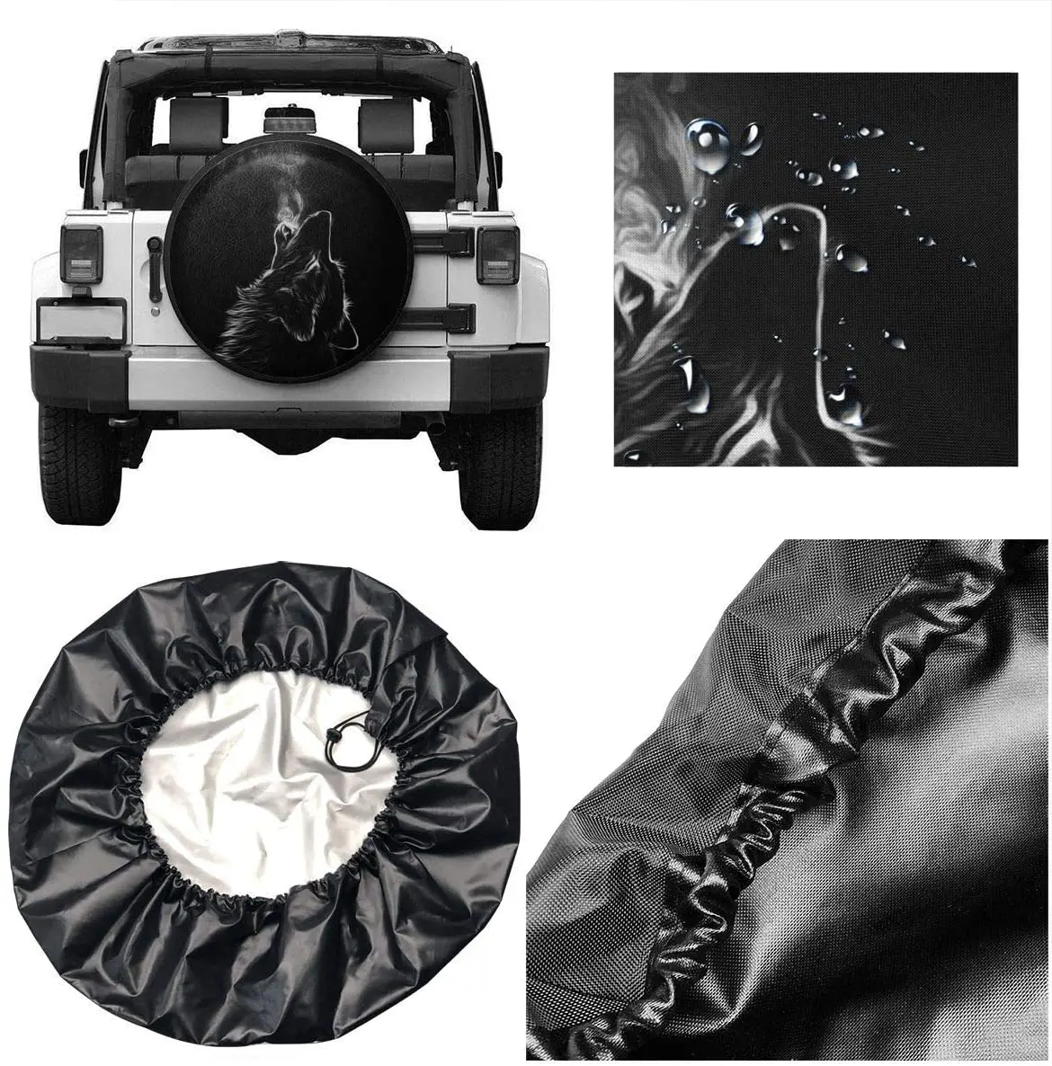 Black 3D Wolf Spare Tire Cover Waterproof Dustproof Sun Wheel Tire Cover for Vehicle Anime Tire Cover Universal for Camper