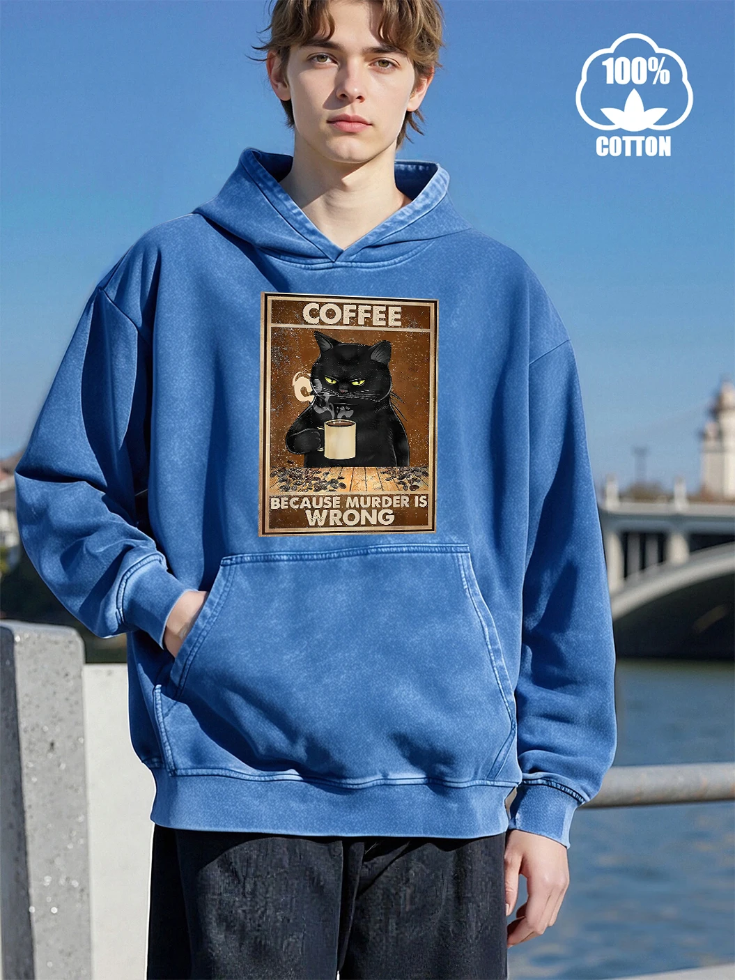 القهوة القط Beacuse القتل خاطئة طباعة غسلها هوديي الشارع ملابس كبيرة الحجم فضفاضة عارضة البلوز مريح القطن الرياضية