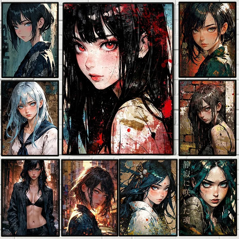 Japanese Geisha Anime Woman Poster Vintage Comic Kimono Girl Portrait Canvas Painting Wall Art for Living Room Home Decor Mural