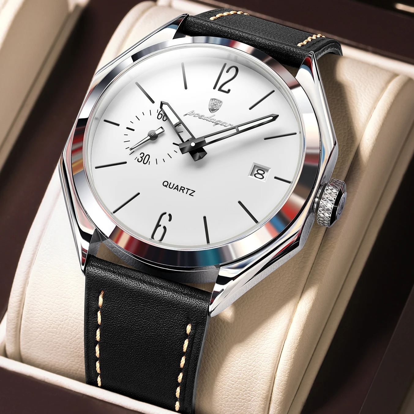 POEDAGAR Fashion Male Wristwatch Business Leather Date Quartz Men Watch Waterproof Luminous Elegant Men's Watches Creative Reloj