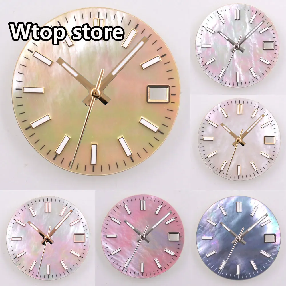 

NH35 28,5 мм циферблат часов, стрелки, морская ракушка, светящийся циферблат для NH35 NH36 подходит для часов 3,8 часа, 4 часа, заводная головка, автоматический механизм