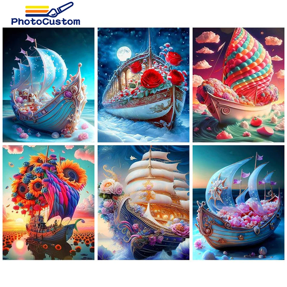 

PhotoCustom Scenery Paint By Numbers Abstract Boat Oil Picture Drawing DIY Kit For Adults Acrylic Painting Coloring By Number De