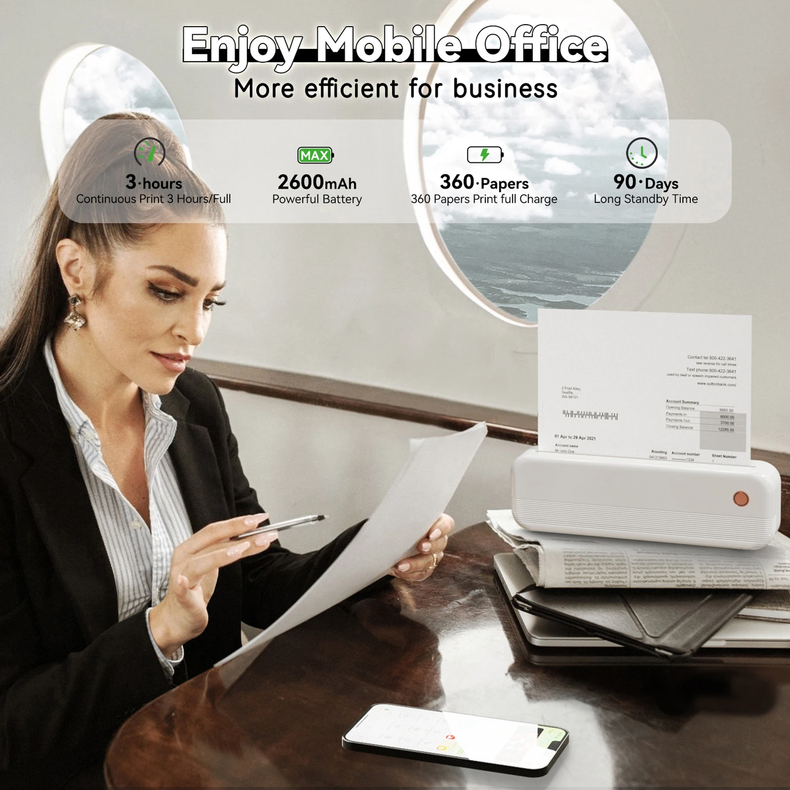 A4 Portable Thermal Transfer Printer Wireless&USB Connect with Mobile Computer 56mm/77mm/107mm/210mm/216mm for Office School