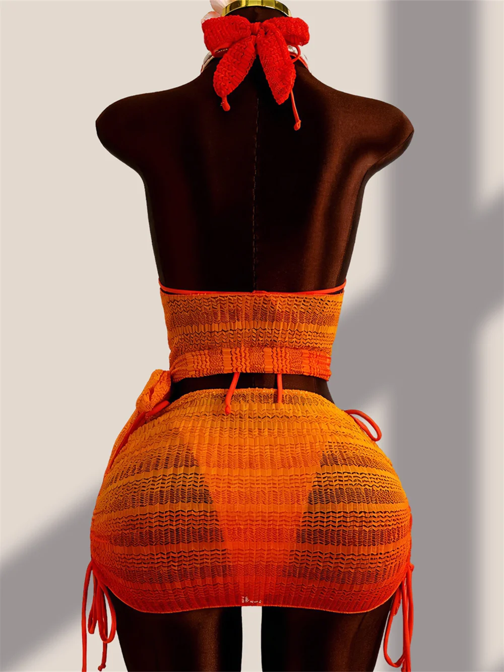 Orange Gradient Y2k Bikini Set Stacked Draped Swimsuit Backless Bandage Sheer Skirt Women 3 Piece Vacation Swimwear Beach Outfit