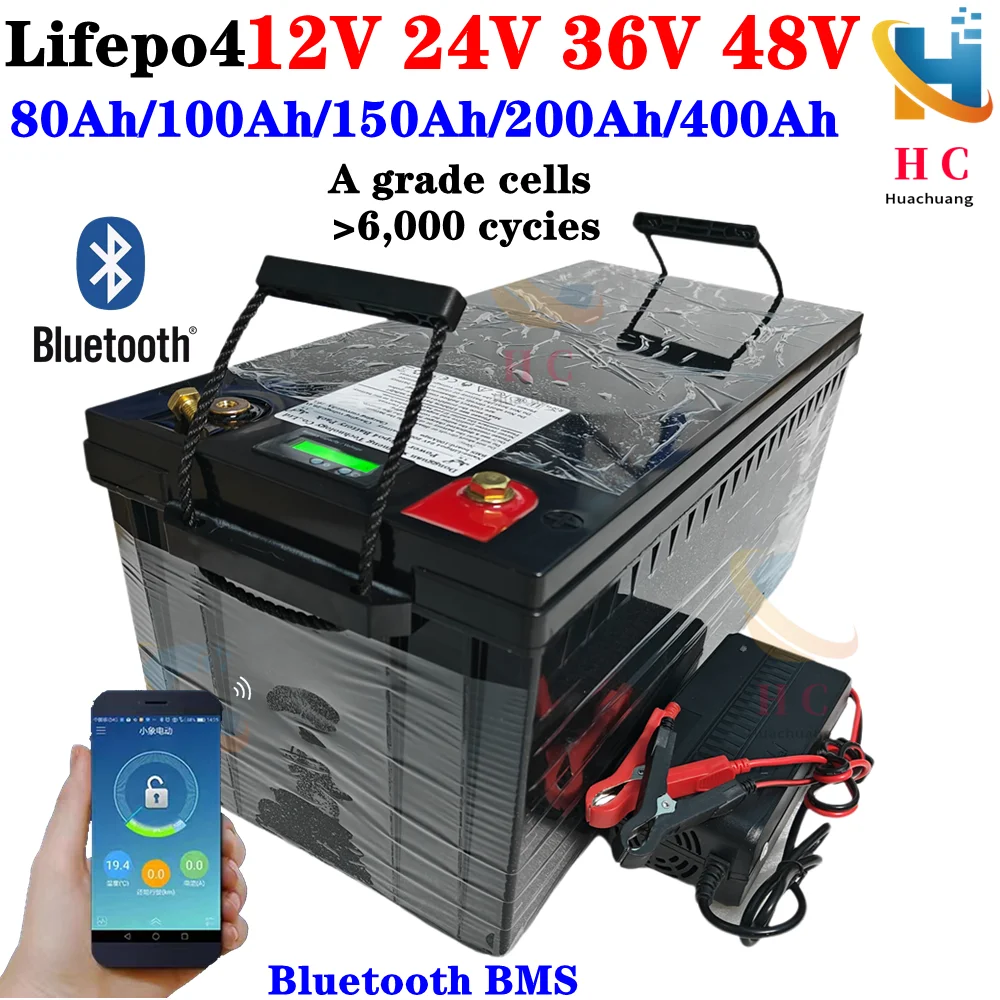 Waterproof 12V 24V 36V 48V 80Ah 100Ah 150Ah 200Ah 400Ah Lifepo4 battery BMS inside for trolling motor boat RV +Charger