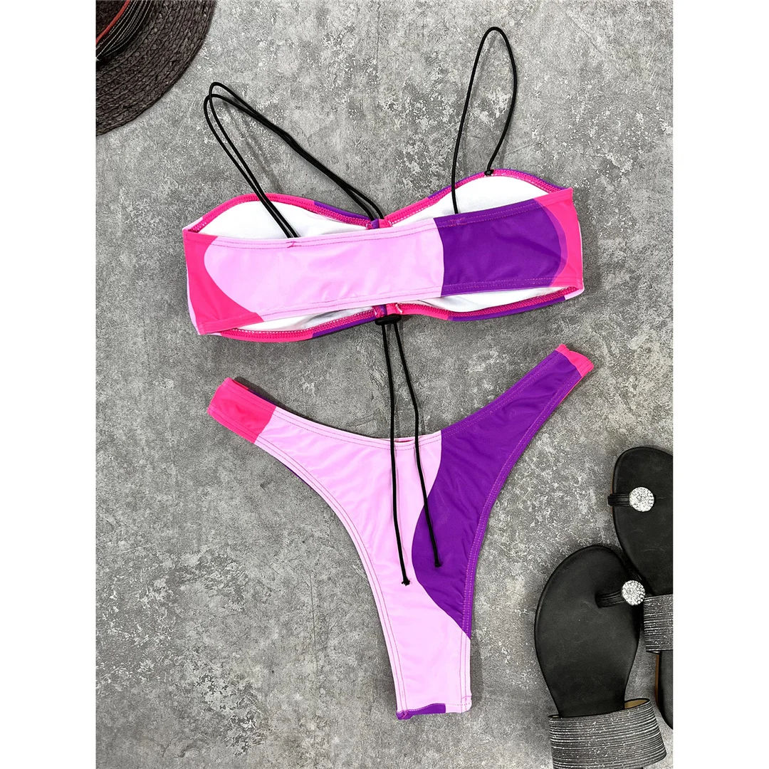 Bunter, geraffter Bikini mit Schnürung, Damen-Badeanzug, zweiteiliges Bikini-Set, hoch geschnittener Badeanzug, Badebekleidung, Modell V3770. – Detail 11