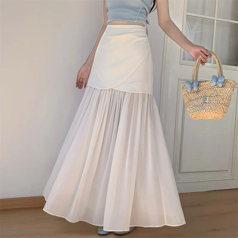 YZJNH 2026 Summer New Half Skirt High Waist A-line Large Swing Skirt Medium to Long Hip Wrap Skirt Mesh Chiffon Half Skirt Women