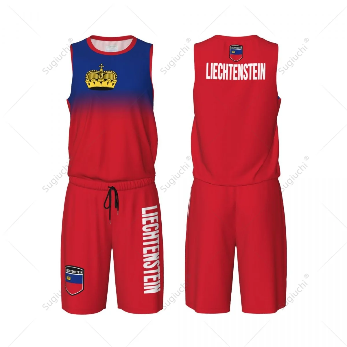 Herren-Basketball-Trikot-Set mit Liechtenstein-Flagge, Netz-Shirt und Hose, ärmellos, exklusives Team-up, individueller Name, Nunber, Unisex