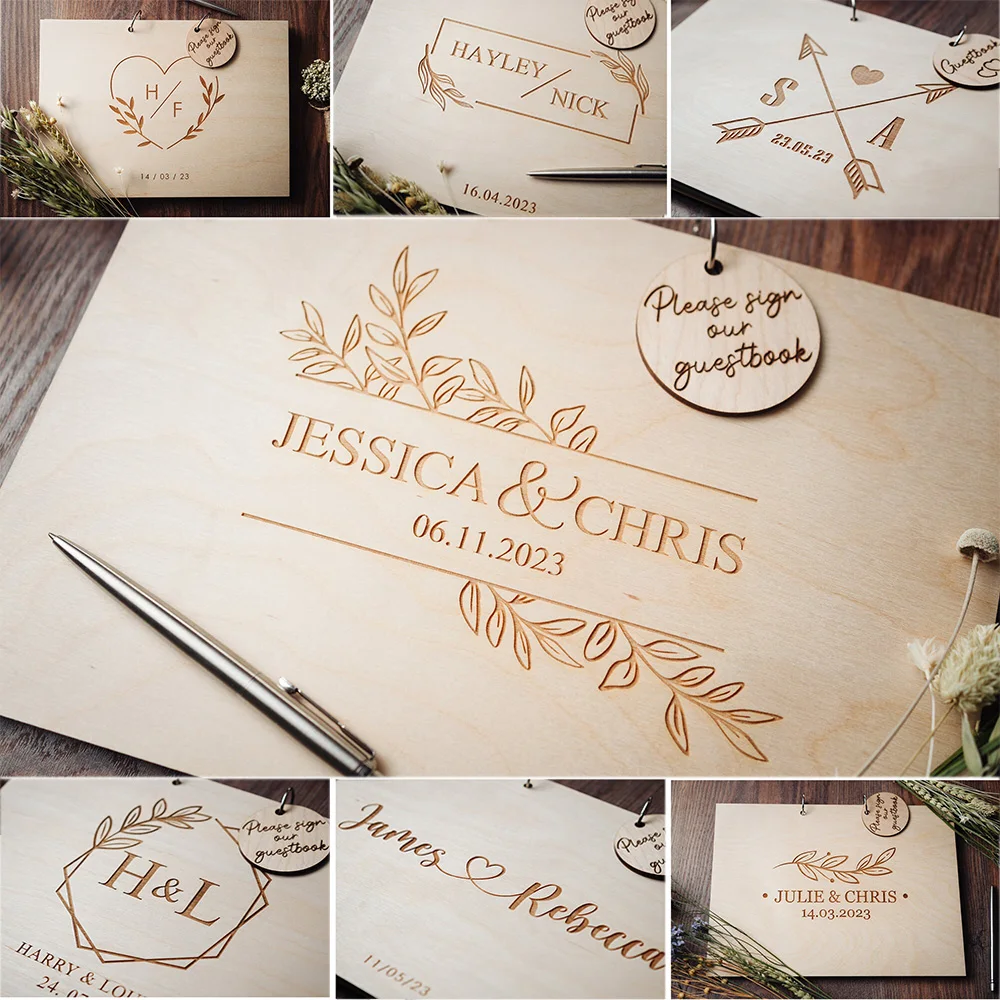 Guestbook casamento de madeira personalizado, Custom Rustic Message Book, Gravado Wreath Logo, nome e data Decorações para convidados