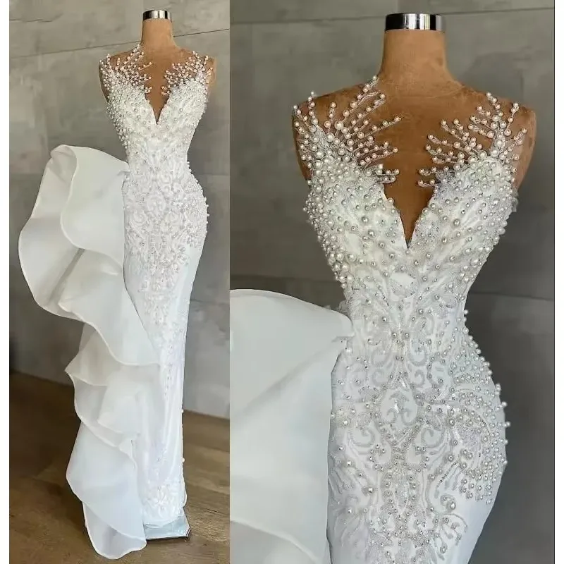 Customized Amazing Shinny Full Pearls Mermaid Wedding Dresses For Bride 2025 Floor Length Sheath Bridal Gowns With Ruffles