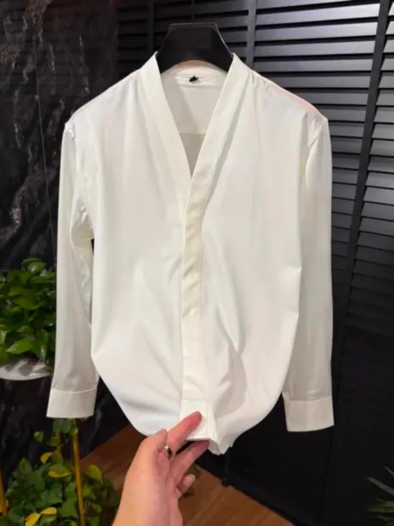 

Высококачественная модная повседневная рубашка с китайским воротником для мужчин, новинка сезона весна-осень, европейский деловой стиль