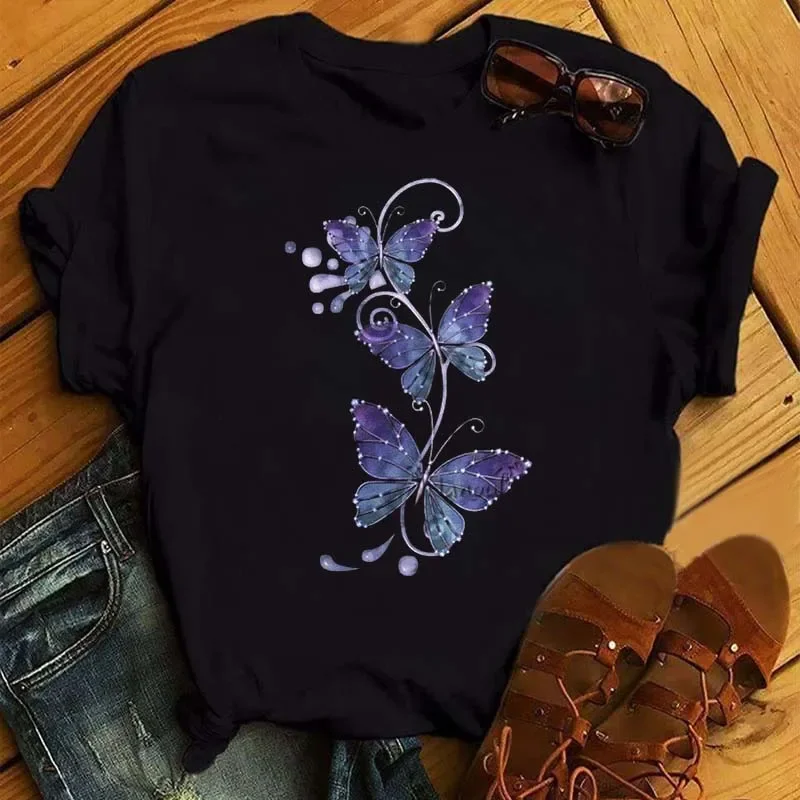 Frauen Blume Schmetterling Mode Druck T Shirt Casual Kurzarm Damen T T Weibliche Top Shirt Kleidung Frauen Grafik T-shirt