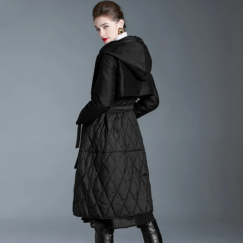 Luxury High Quality Down Long Trench Coat Patchwork Hooded White Duck Down Coat Women's Winter Warm Lightweight Slim Outerwear