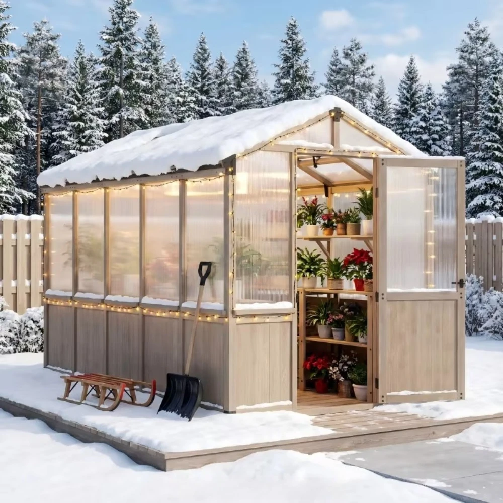 All Season Garden Greenhouse with Plant Shelves, Fir Wood & Polycarbonate Walk-in Plant House for Backyard Gardening