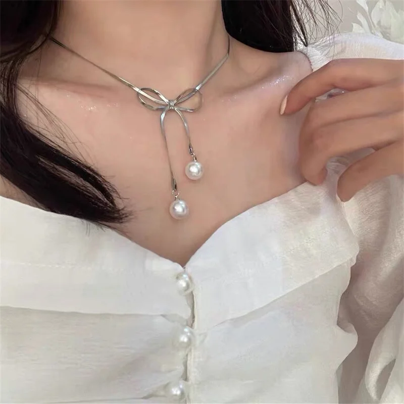 1Pc New Trendy Bowknot Snake Chain Necklace For Women Girl Sweet Pearl Bow Pendant Choker Necklace Y2k Aesthetic Jewelry Gift